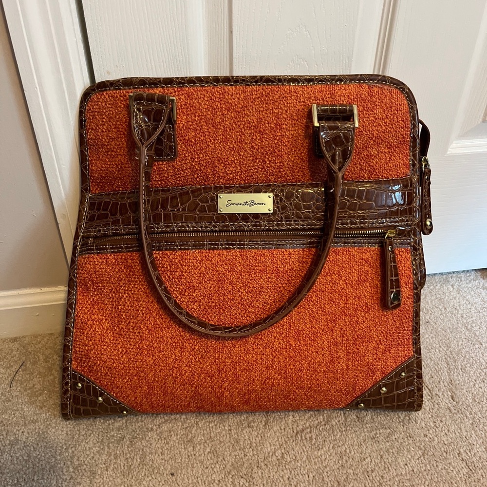 Samantha Brown Croco-Embossed Dowel Bag/Carry On - Orange W/ Brown Trim Pockets - Picture 14 of 14